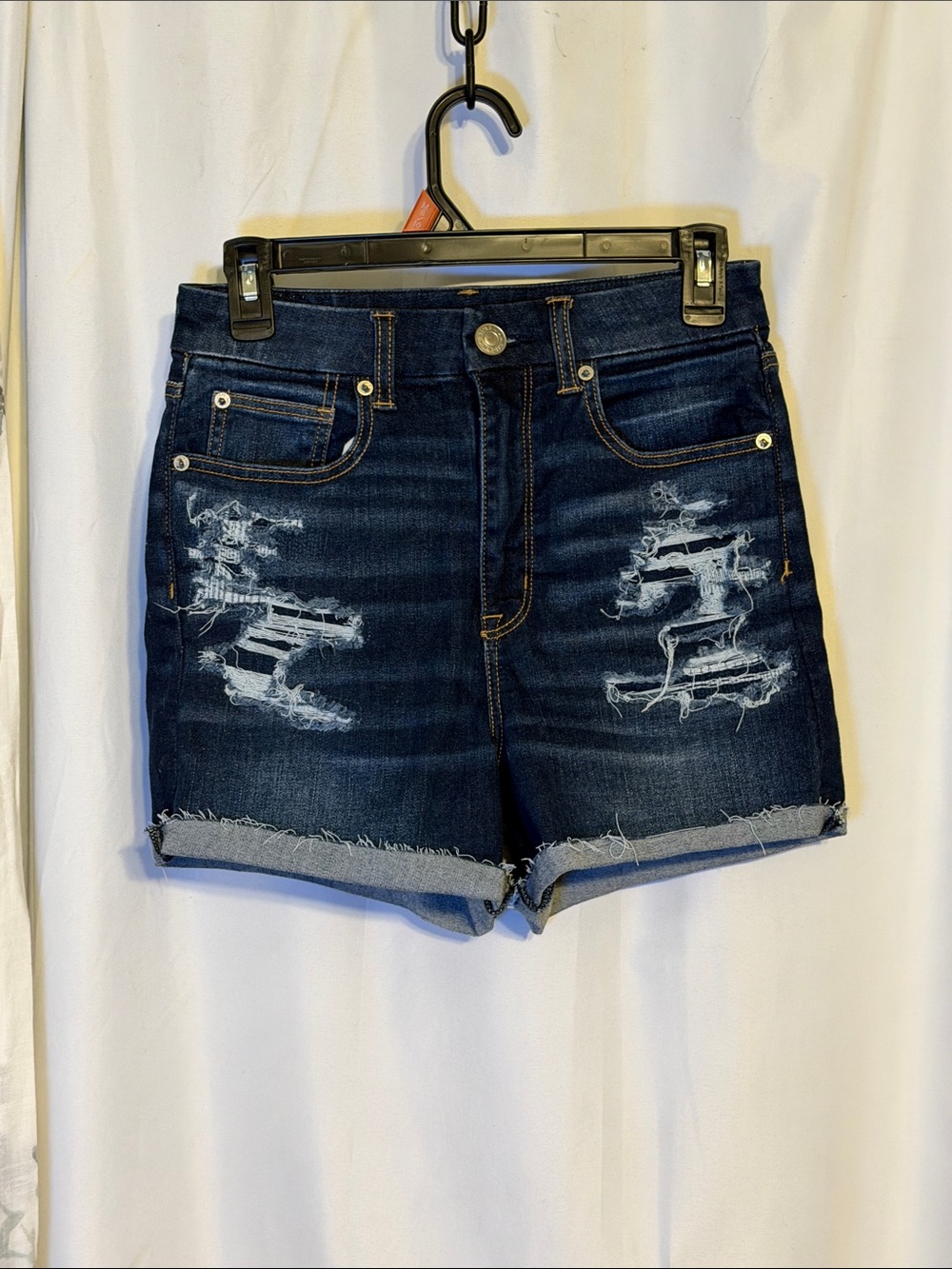 American Eagle Outfitters Dark Blue Distressed Roll-Hem Jean Shorts